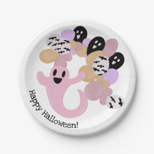 Cute Pink Ghost Kids Happy Halloween Paper Plate