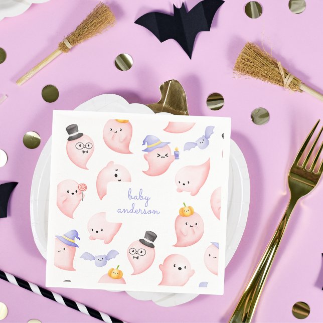 Cute Pink Ghost & Little Pumpkin Baby Shower Napkin (Cute halloween napkin design with baby ghosts in pink and custom text for a baby shower. Purple back)