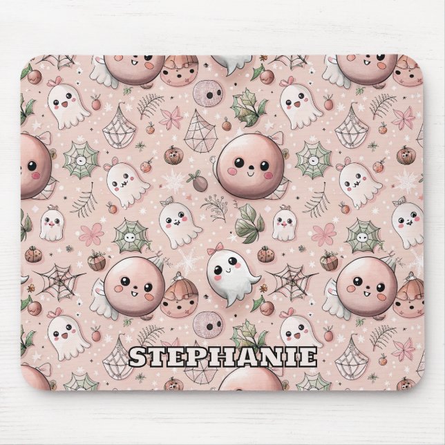 Cute Pink Ghost & Pastel Halloween Seamless Mouse Mat (Front)