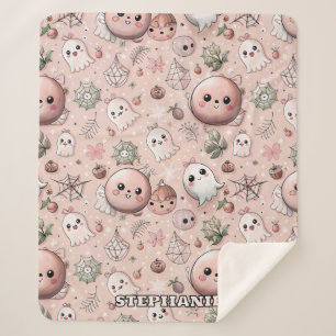 Cute Pink Ghost & Pastel Halloween Seamless Sherpa Blanket