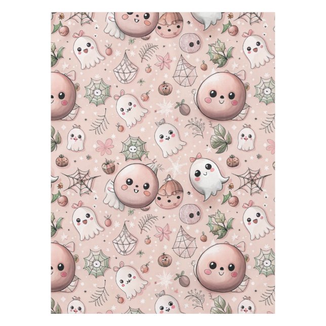 Cute Pink Ghost & Pastel Halloween Seamless Tablecloth (Front)