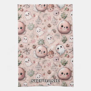 Cute Pink Ghost & Pastel Halloween Seamless Tea Towel