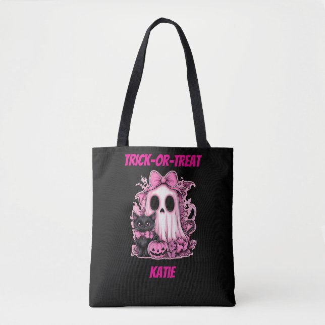 Cute Pink Ghost Personalised Halloween Tote Bag (Front)