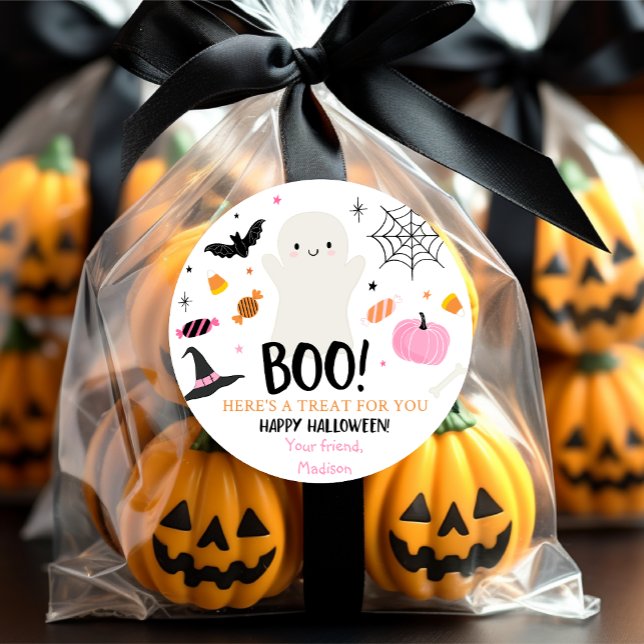 Cute Pink Ghost Pumpkin Halloween Treat Bag Classic Round Sticker (Creator Uploaded)
