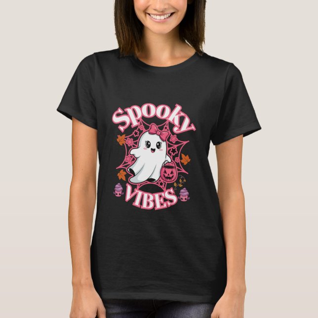 Cute Pink Ghost Spooky Vibes Art T-Shirt (Front)