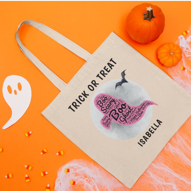 Cute Pink Ghost Word Art Halloween Trick |Treat   Tote Bag (Creator Uploaded)