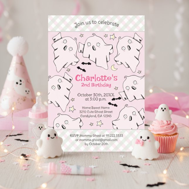 Cute Pink Ghosts Kids Halloween Birthday Invitation (Cute Spooky Ghosts Pink Birthday Invitation for Baby Girl. Pink Ghosts, Stars & Cute Gingham Pattern)