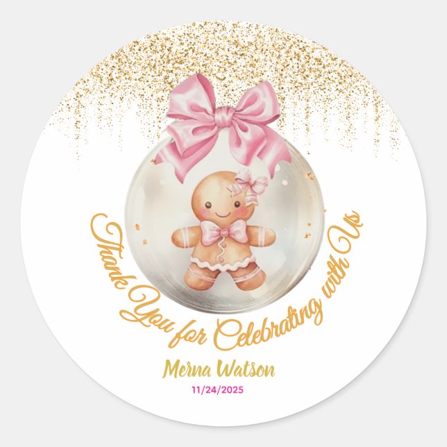 Cute Pink Gingerbread Girl Bauble Christmas Baby  Classic Round Sticker (Front)