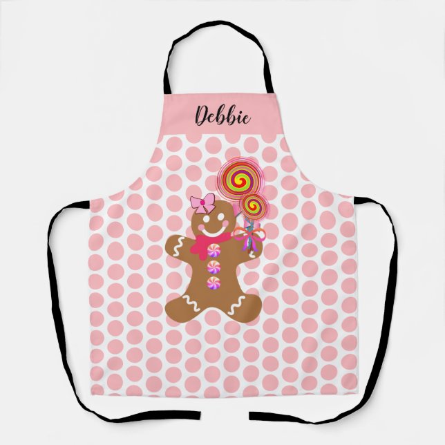 Cute Pink Gingerbread Girl Personalised Baking Apron (Front)