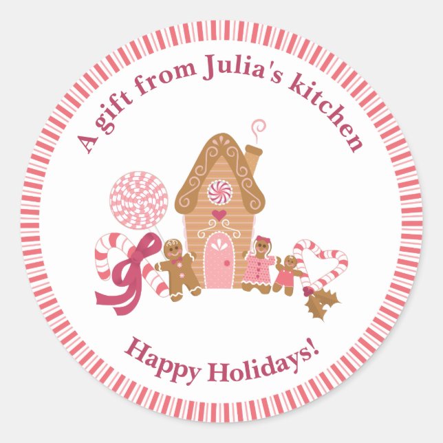 Cute Pink Gingerbread House Candy Cane Kitchen Cla Classic Round Sticker (Front)