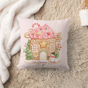 Cute Pink Gingerbread House Family Name Cushion