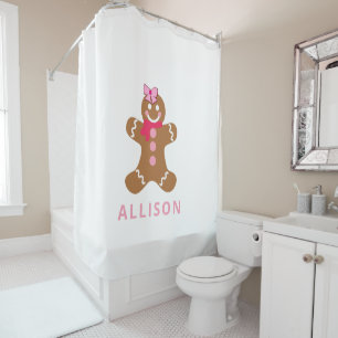 Cute Pink Gingerbread Personalised Kids Shower Curtain