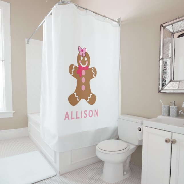 Cute Pink Gingerbread Personalised Kids Shower Curtain (In Situ)