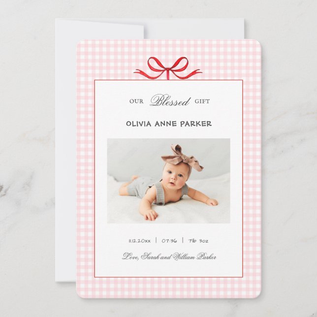 Cute Pink gingham baby Girl Holiday Birth  Announcement (Front)
