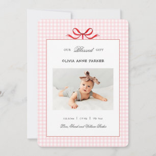 Cute Pink gingham baby Girl Holiday Birth  Announcement