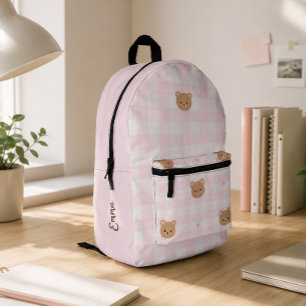 Cute Pink Gingham Bear Girl School Personalised Printed Backpack