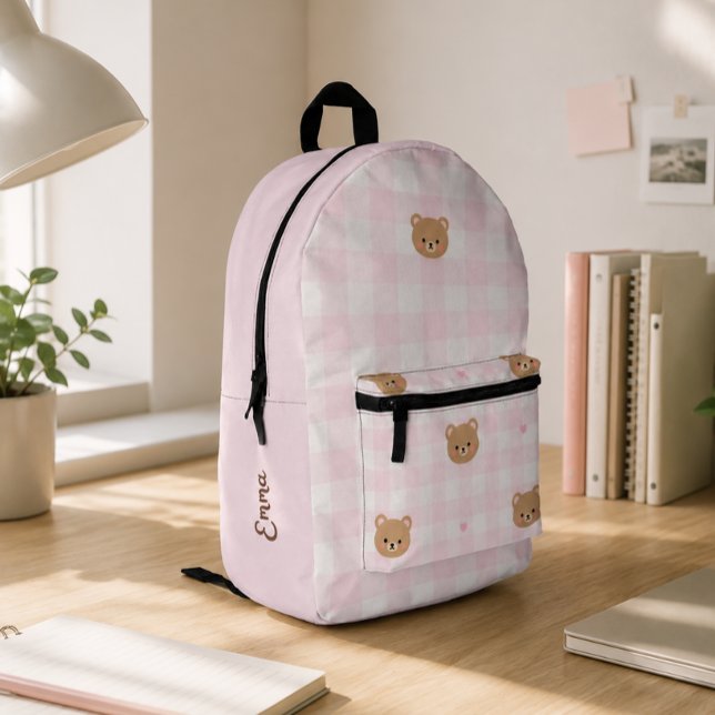 Cute Pink Gingham Bear Girl School Personalised Printed Backpack (Creator Uploaded)