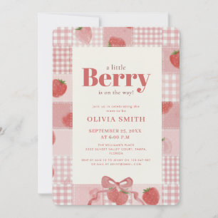 Cute Pink Gingham Berry Sweet Baby Shower Invitation