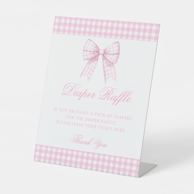 Cute pink gingham bow baby girl diaper raffle pedestal sign (Front)