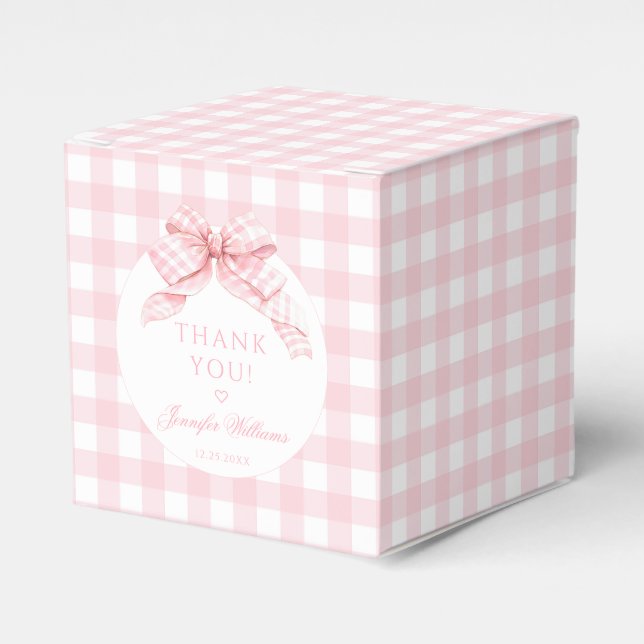 Cute Pink Gingham Bow Baby Girl Shower Gift Favour Box (Front Side)