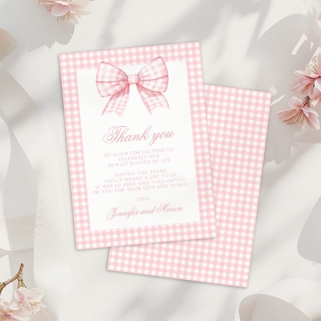 Cute Pink Gingham Bow Ribbon Baby Girl Shower Thank You Card (Creator Uploaded)