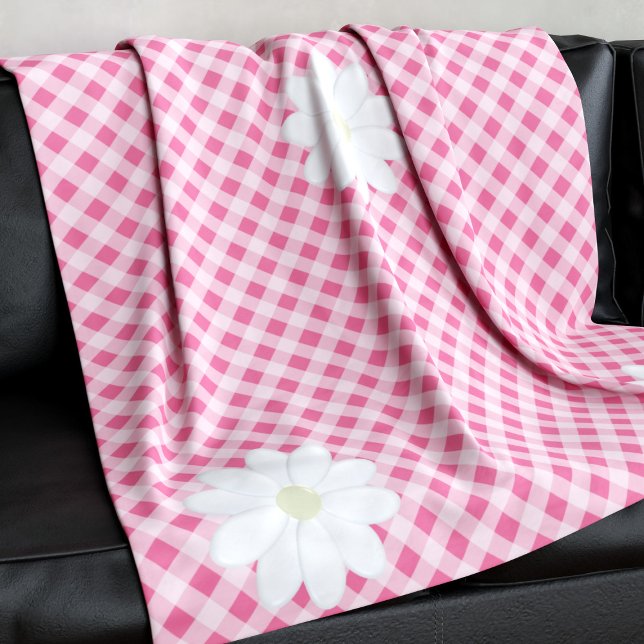 Cute Pink Gingham Check Pattern Daisy Flower Fleece Blanket (A cute pink gingham check fleece blanket with daisy flowers at the corners)