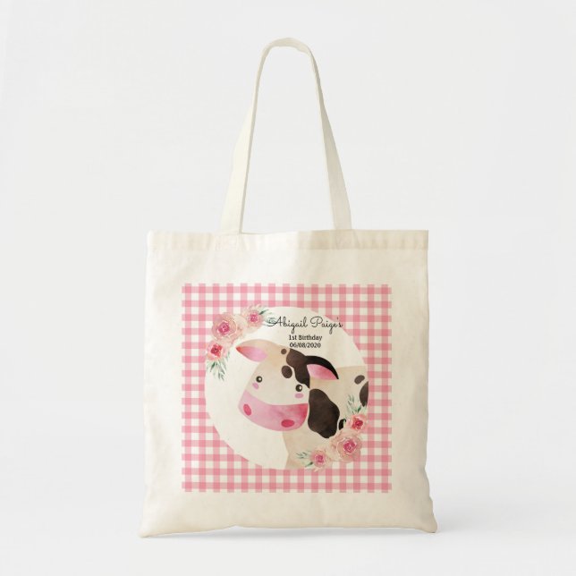Cute Pink Gingham Cow Birthday Farm Animals Tote Bag (Front)