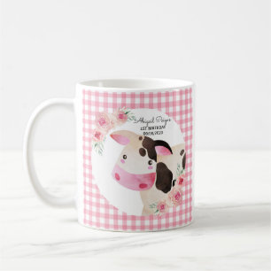 Cute Pink Gingham Floral Cow Farm Animal Coffee Mug