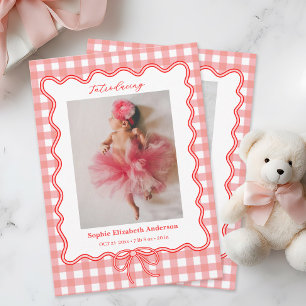 Cute Pink Gingham Newborn Baby Photo Birth Announcement