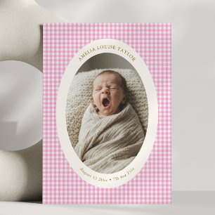 Cute Pink Gingham Oval Photo Baby Girl Birth Stats Announcement