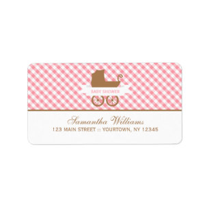 Cute Pink Gingham Pattern and Baby Carriage Label