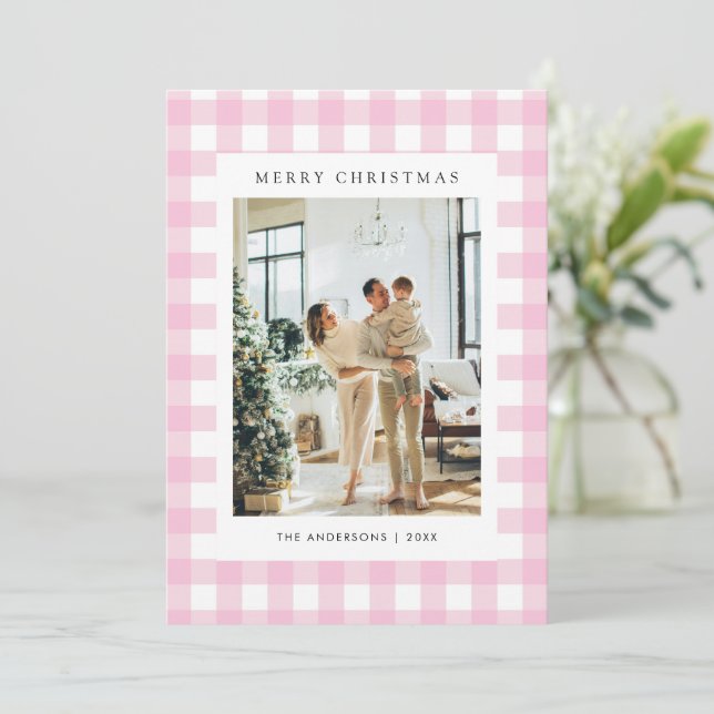 Cute Pink Gingham Plaid 5 Photo Christmas Holiday Card (Standing Front)