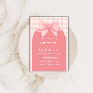 Cute Pink Gingham Plaid Arch Bow Girl Baby Shower Invitation
