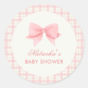 Cute Pink Gingham Plaid Bow Girl Baby Shower  Classic Round Sticker