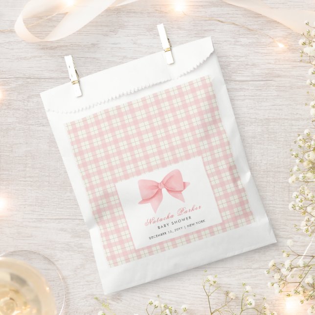 Cute Pink Gingham Plaid Bow Girl Baby Shower  Favour Bags (Clipped)