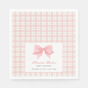 Cute Pink Gingham Plaid Bow Girl Baby Shower Napkin
