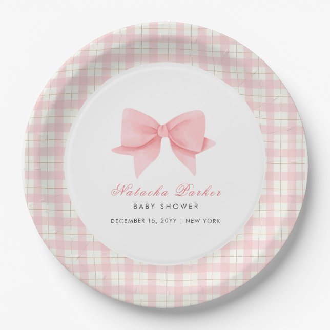 Cute Pink Gingham Plaid Bow Girl Baby Shower  Paper Plate (Front)