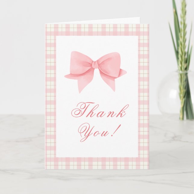 Cute Pink Gingham Plaid Bow Girl Baby Shower Thank You Card (Front)