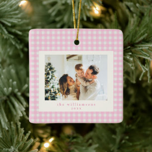 Cute Pink Gingham Plaid Custom Photo Christmas Ceramic Ornament