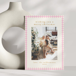 Cute Pink Gingham Plaid Portrait Photo Christmas Holiday Card