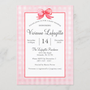 Cute Pink Gingham Red Bow Baby Shower Invitation