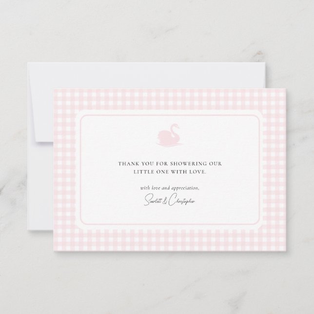 Cute Pink Gingham Swan Baby Shower Thank You Card  (Front)