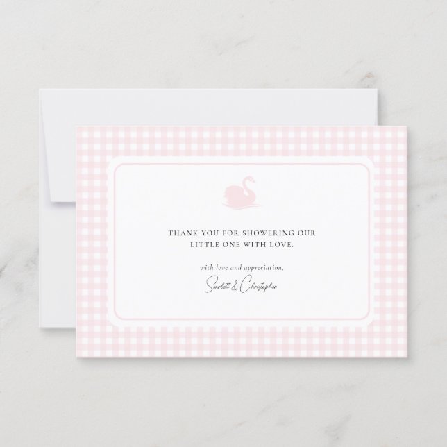 Cute Pink Gingham Swan Baby Shower Thank You Card (Front)