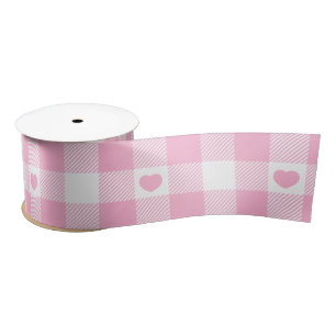 Cute Pink Gingham Vichy With Hearts Satin Ribbon