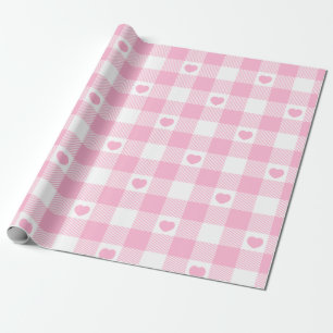 Cute Pink Gingham Vichy With Hearts Wrapping Paper