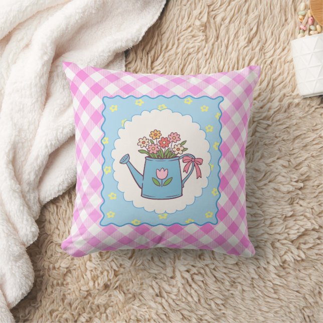 Cute Pink Gingham Watering Can Floral  Cushion (Blanket)