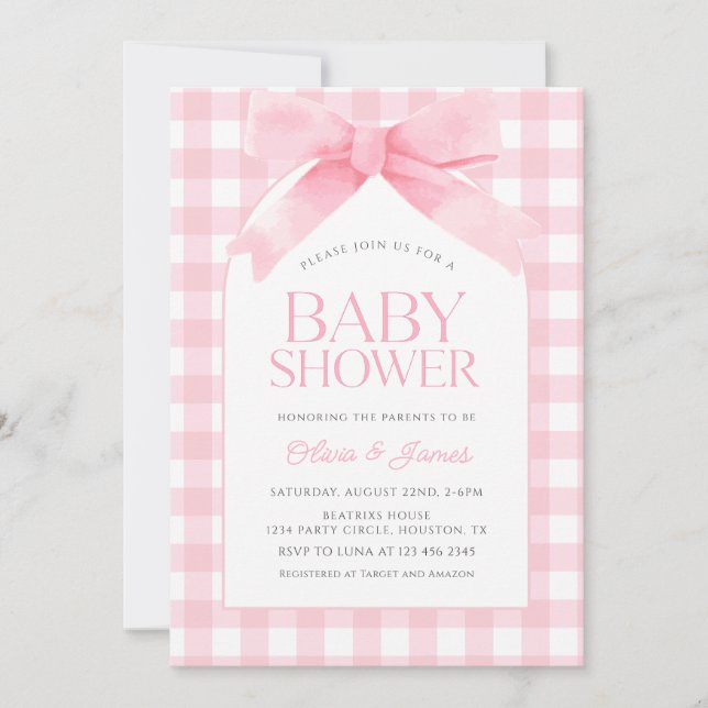 Cute Pink Gingham with Bow Girl Baby Shower Invitation (Front)