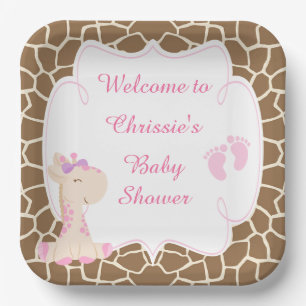 Cute Pink Giraffe Baby Shower Paper Plate