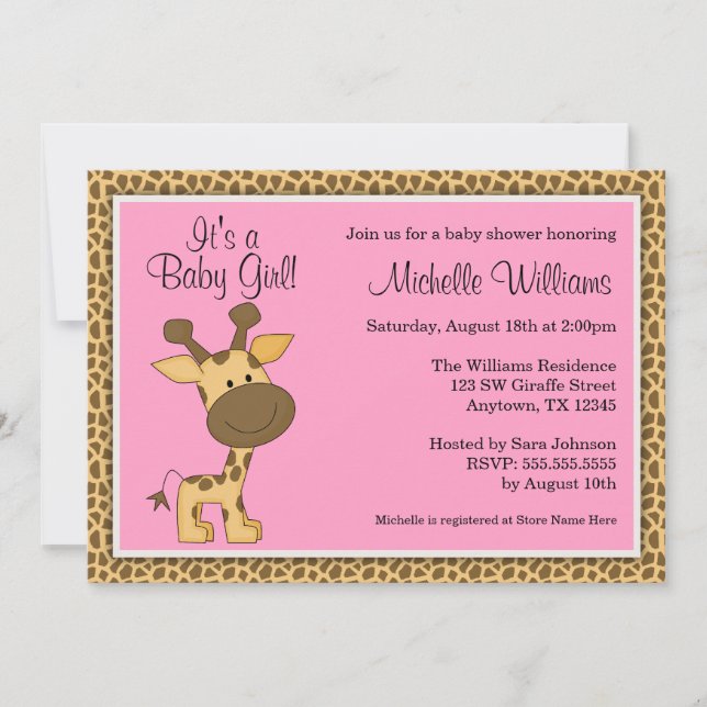 Cute Pink Giraffe Girl Baby Shower Invitation (Front)