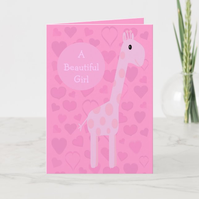 Cute Pink Giraffe & Hearts New Baby Girl Card (Front)